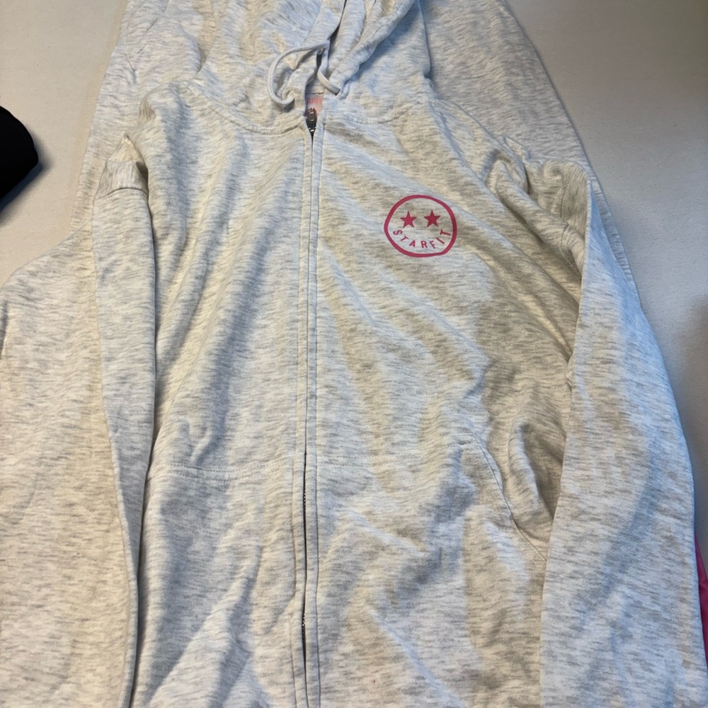 Gray Zip-Up Hoodie with Pink Logo